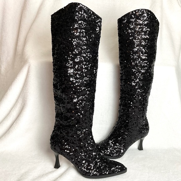 BLACK OASIS SOCIETY JEWEL KNEE HIGH SEQUIN BOOTS - Picture 1 of 15